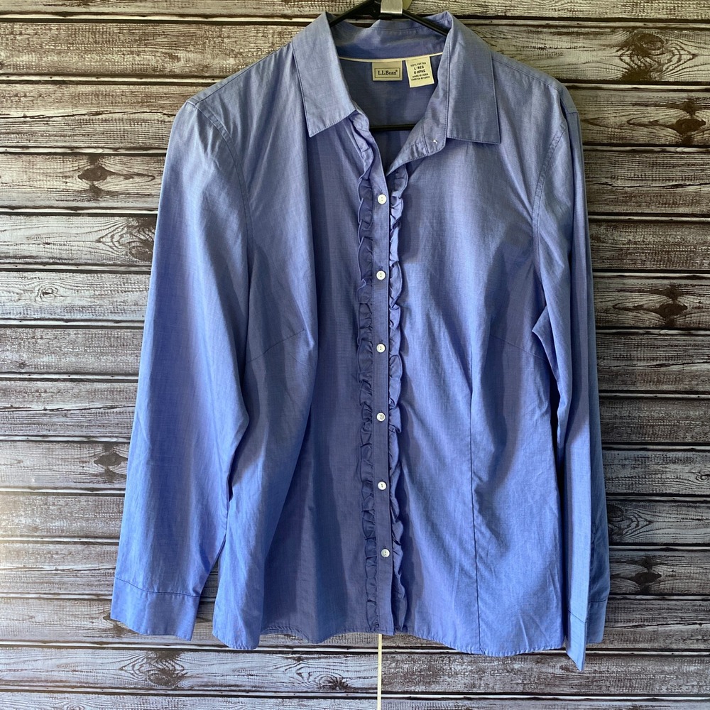 LL Bean Women's Long-Sleeved Button-Down Top Size L Blue‎ Ruffled Detail